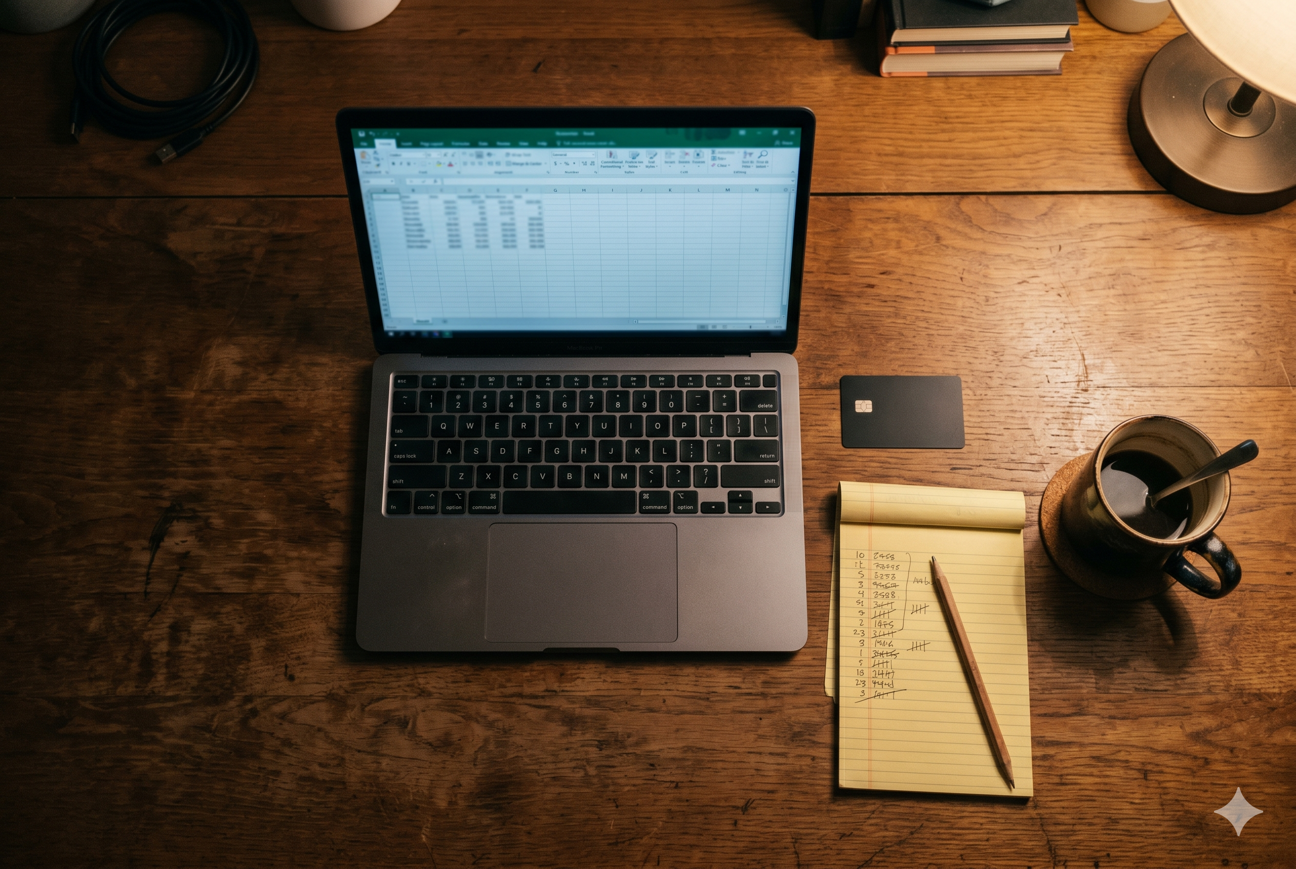 An operator's desk at the end of a working evening: laptop, a credit card, a notepad with penciled figures, and a coffee.